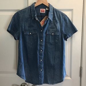 Levi’s Palm Tree Embroidered Denim Tropical Shirt Size Medium NEW